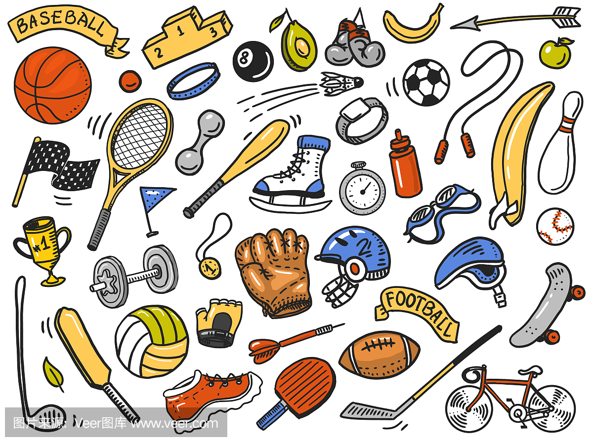 运动无缝模式。图标涂鸦风格。健身和训练的设备。健康和活力的象征。网球,足球,篮球。体育馆的游戏。网站的背景。